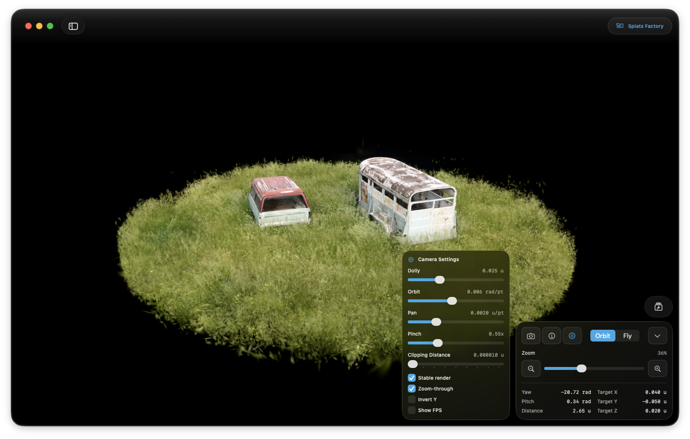Splats viewer showing camera and renderer controls
